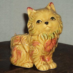 Vintage Enesco Golden Orange Brown Striped Kitten Ceramic Pencil Holder Figurine